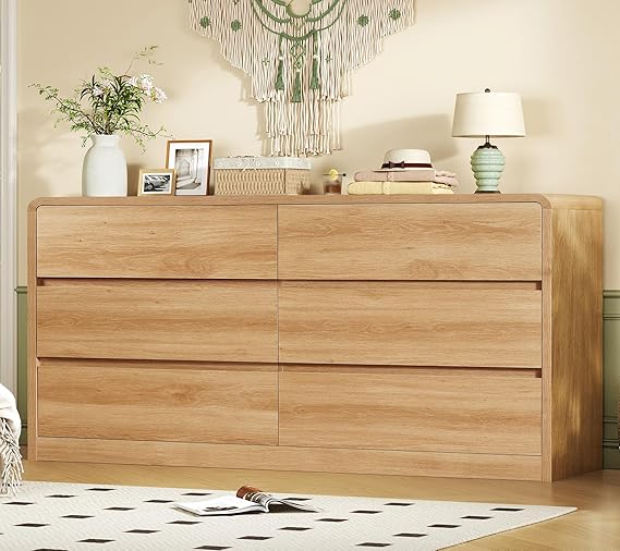 55-Inch 6-Drawer Dresser – Natural Wood Finish