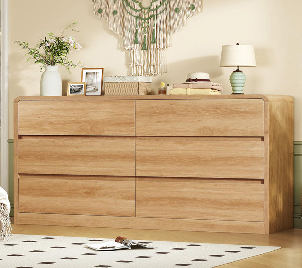 55-Inch 6-Drawer Dresser – Natural Wood Finish