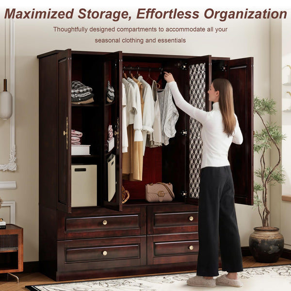 4-Door Solid Wood Armoire Wardrobe with Drawers & Hanging Rods