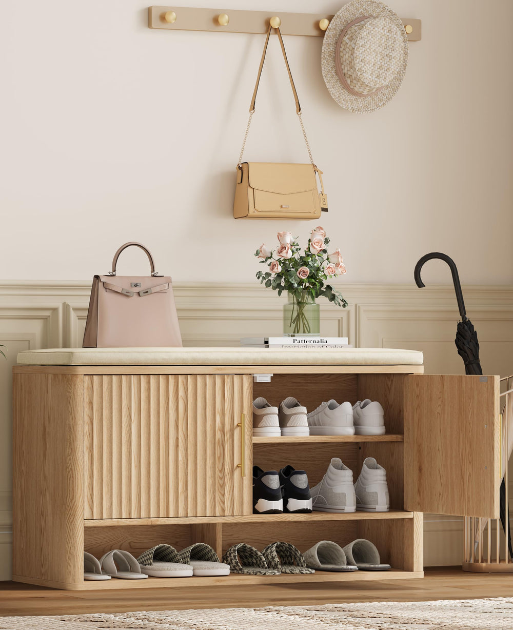 Fluted Shoe Storage Bench with Cushion — Natural Oak