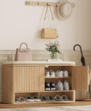 Fluted Shoe Storage Bench with Cushion — Natural Oak
