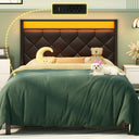 Twin Bed Frame with LED Lights, Charging Station & Upholstered Headboard