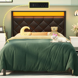 Twin Bed Frame with LED Lights, Charging Station & Upholstered Headboard