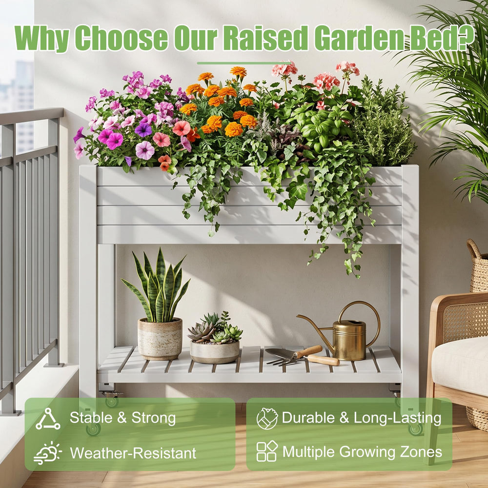 Raised Garden Bed with Wheels, Storage Shelf & Water Level Monitor