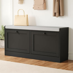 Shoe Storage Bench with Flip Drawers & Padded Seat