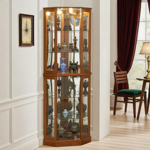 Lighted Corner Curio Cabinet with Glass Doors & Adjustable Shelves