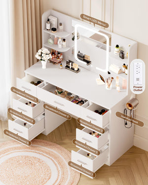 Makeup Vanity Desk with Smart LED Mirror, 7 Drawers & Power Station