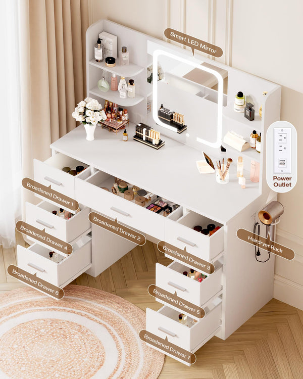Makeup Vanity Desk with Smart LED Mirror, 7 Drawers & Power Station
