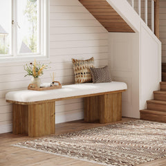 59" Upholstered Entryway Bench with Faux Shearling Cushion