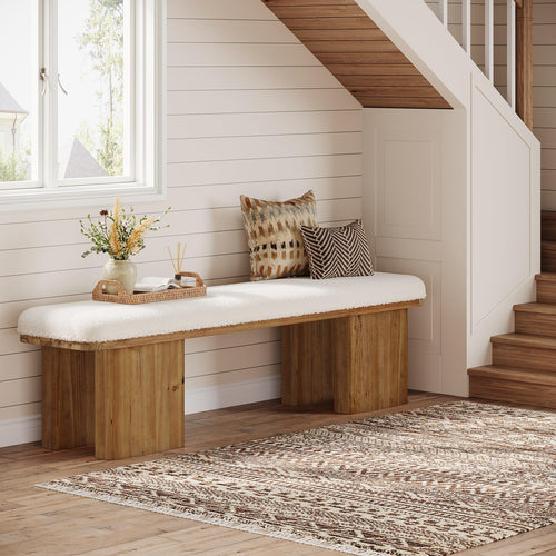 59" Upholstered Entryway Bench with Faux Shearling Cushion