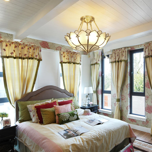 Brass Stained Glass Semi-Flush Mount Ceiling Light
