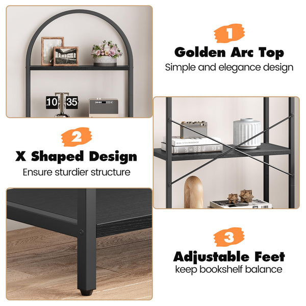 5-Tier Arched Metal Bookshelf, 71" Industrial Freestanding Display Rack