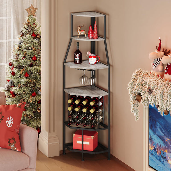 5-Tier Corner Wine Rack with Glass Holder – Floor Standing Wine Storage Shelf