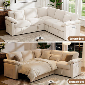 L-Shaped Sectional Sleeper Sofa with Pull-Out Bed and Storage