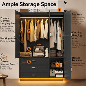 72" 3-Door Wardrobe with LED Light & Drawers