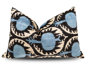Velvet Throw Pillow 16" x 24" | Blue & Black Circular Pattern
