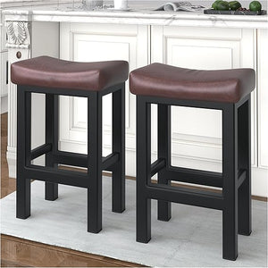 Bar Stools Set of 2, 24 Inch Counter Height Bar Stools for Kitchen Island, Faux Leather Upholstered Thick Saddle Seats & Heavy Duty Metal Base, Easy Assembly, Black