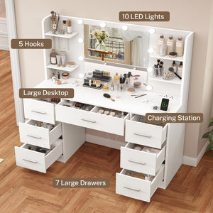 Vanity Desk with LED Mirror, Drawers & Charging Station