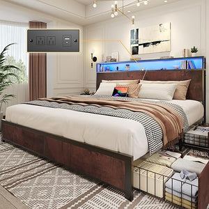 Metal Platform Bed Frame with Storage Headboard, Drawers & LED