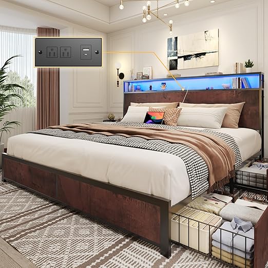 Metal Platform Bed Frame with Storage Headboard, Drawers & LED