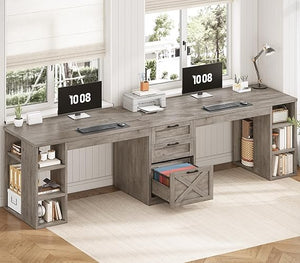 96.5" Two Person Desk with Drawers & Storage Shelves