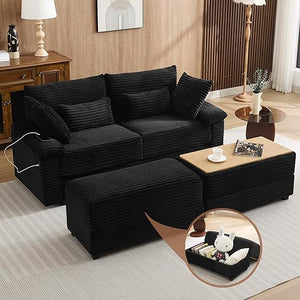 Corduroy Loveseat with Storage Ottomans & USB Port