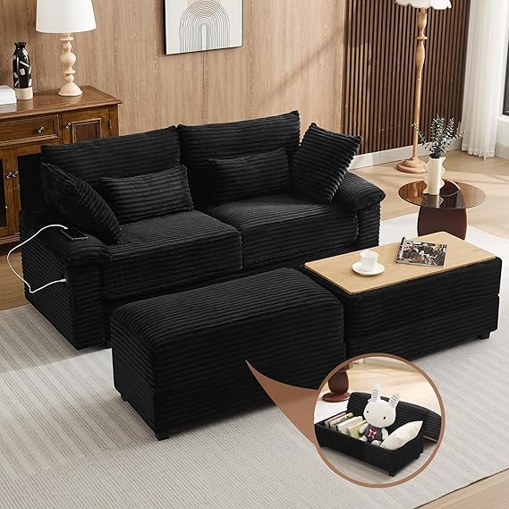 Corduroy Loveseat with Storage Ottomans & USB Port