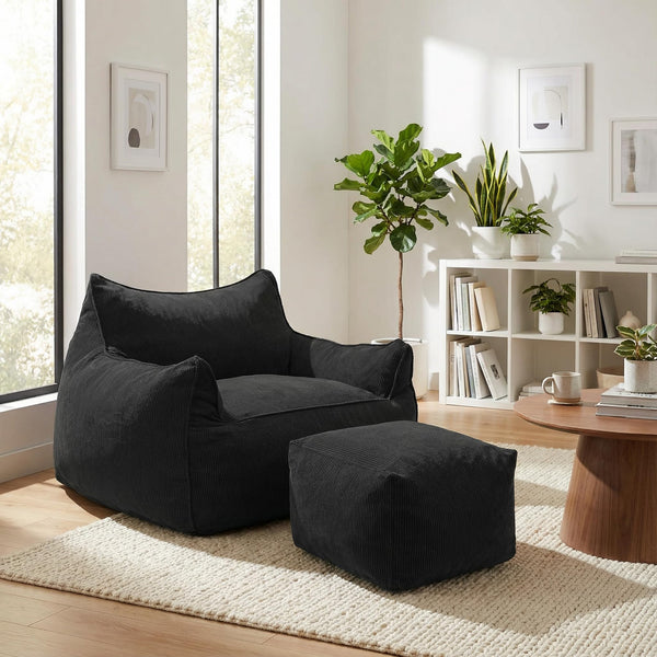 Bean Bag Chair with Footrest & Armrests – Corduroy Foam Sofa