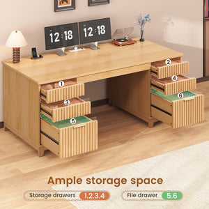 55.1" Fluted Executive Desk with 6 Drawers & Power Outlets