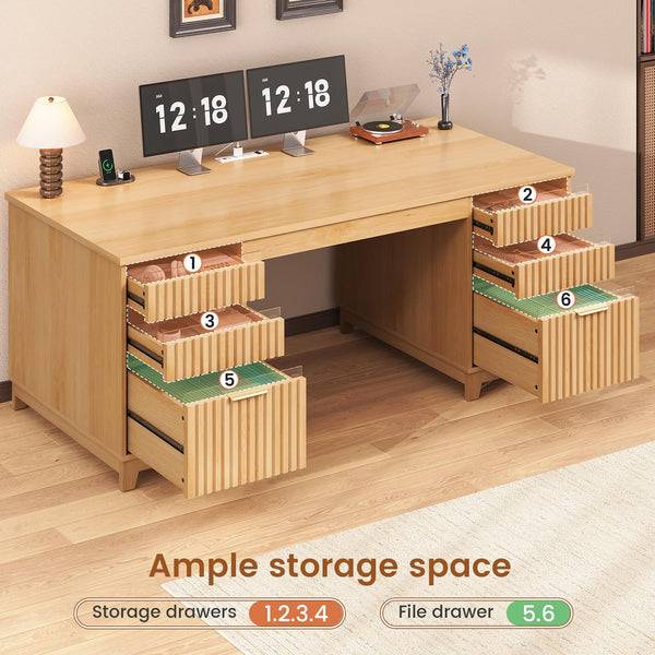 55.1" Fluted Executive Desk with 6 Drawers & Power Outlets