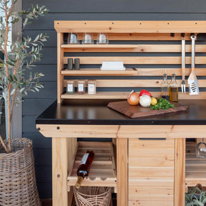 Cedar Wood Buffet Hutch Serving Station with Wine Rack & Steel Countertop
