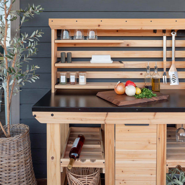 Cedar Wood Buffet Hutch Serving Station with Wine Rack & Steel Countertop