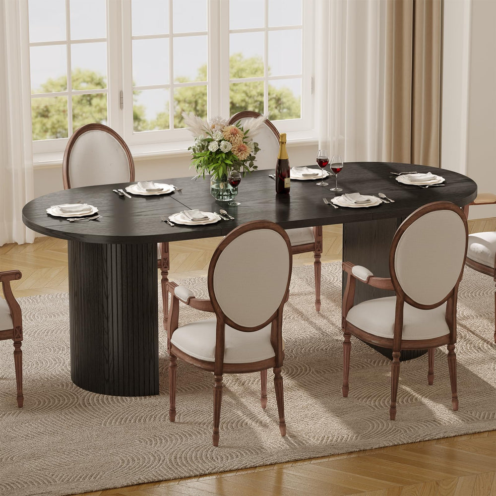 70.8 Inch Oval Dining Table for 4-6 | Modern Kitchen Table with Fluted Wood Strip Base