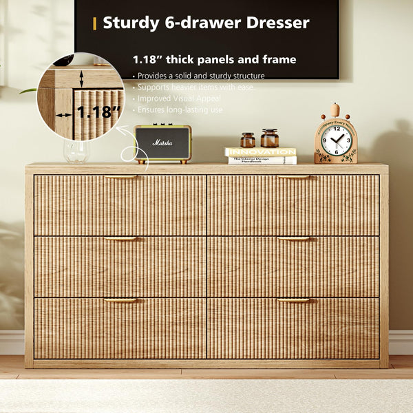 55" Wide 6-Drawer Dresser with Fluted Panel