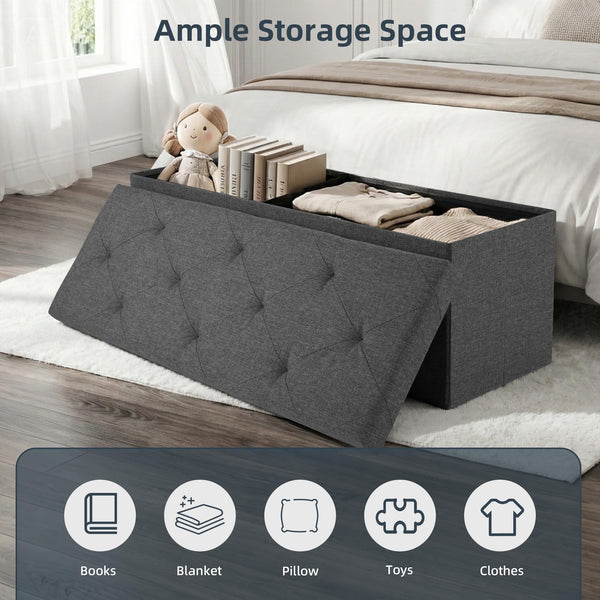 43-Inch Foldable Storage Ottoman Bench with Padded Seat – Grey, 660 lbs Capacity