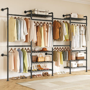 Wall Mounted Industrial Pipe Clothing Rack with 6 Rods & 8 Shelves