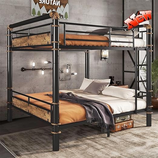 Heavy Duty Metal Bunk Bed with Guardrails & Ladder