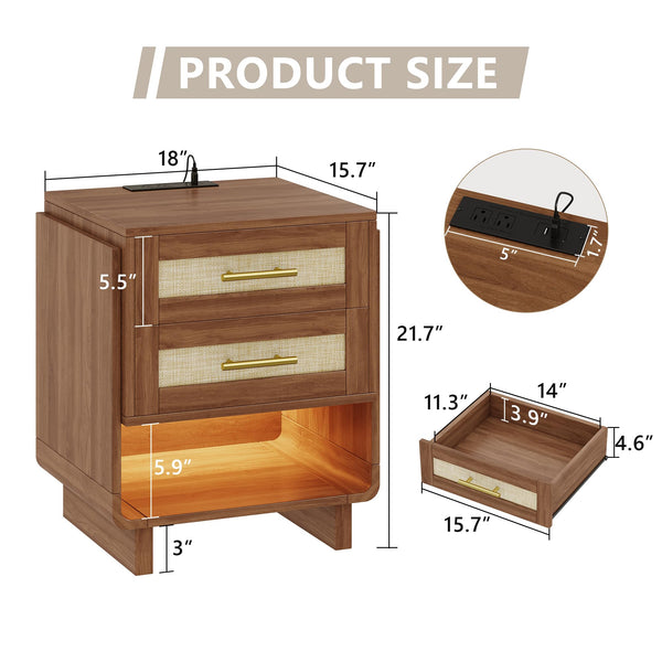 Farmhouse Nightstand with Charging Station & LED Light