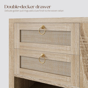 Rattan Nightstand with Charging Station and Storage Drawers
