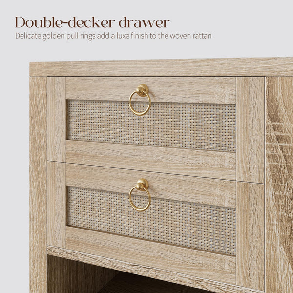 Rattan Nightstand with Charging Station and Storage Drawers