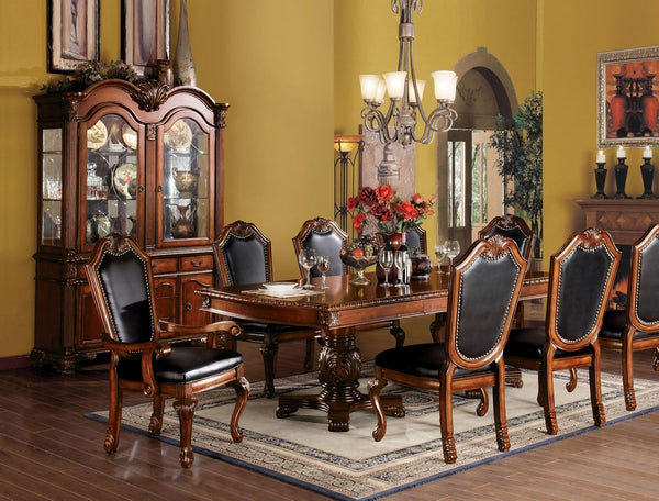 9-Piece Formal Dining Set – Extendable Pedestal Table & 8 Upholstered Chairs