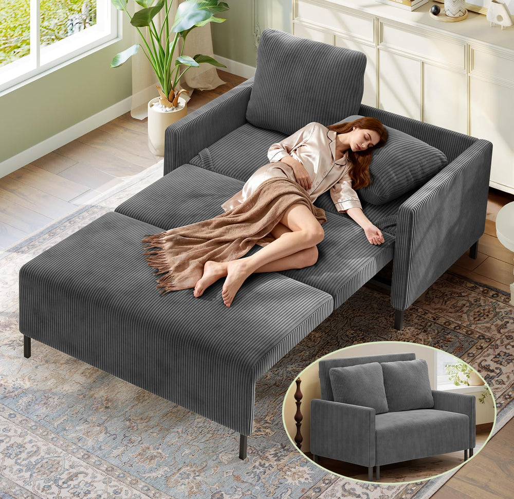 Convertible Loveseat Sofa Bed – Corduroy Couch with Pullout Sleeper & 2 Pillows