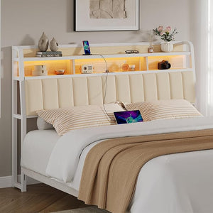 Upholstered Headboard with LED Light, Storage & Charging Station