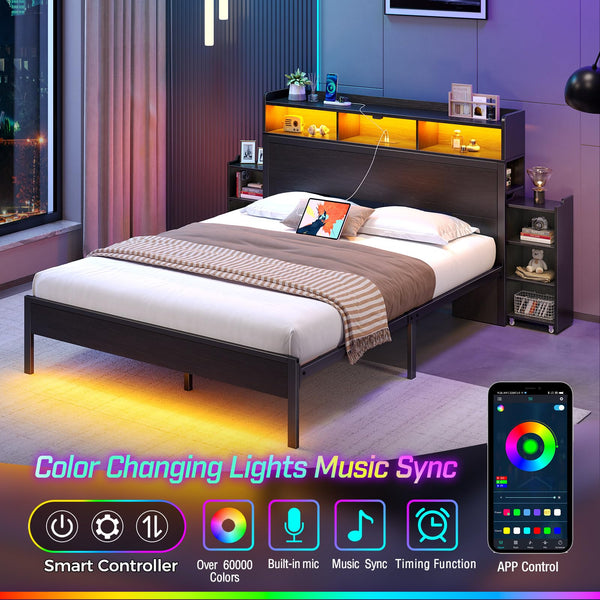 Metal Bed Frame with Storage Headboard, LED Lights & Charging Station