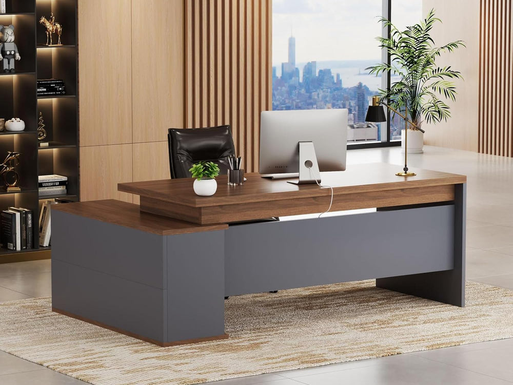 L-Shaped Executive Desk with Storage Cabinet & Open Shelves, 78.74"