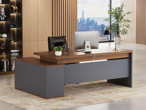 L-Shaped Executive Desk with Storage Cabinet & Open Shelves, 78.74"