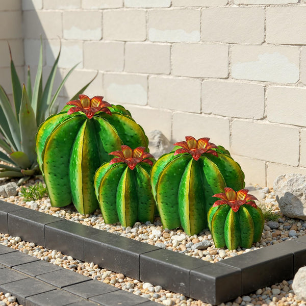 Metal Barrel Cactus Garden Sculptures 4-Pack