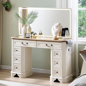 48-Inch Farmhouse Vanity Desk with Lighted Mirror and 8 Drawers