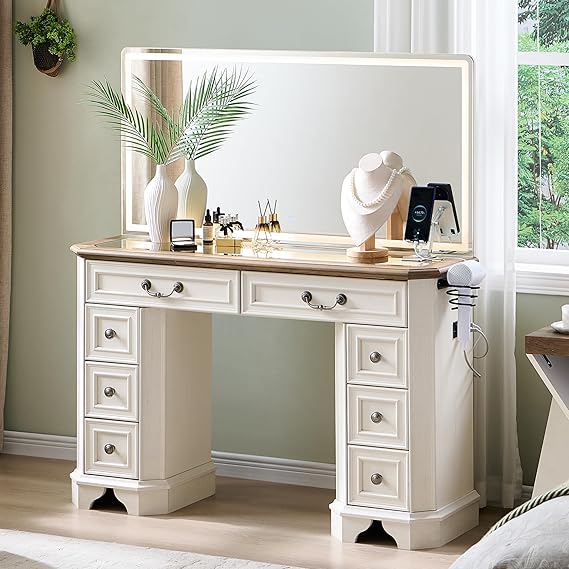 48-Inch Farmhouse Vanity Desk with Lighted Mirror and 8 Drawers