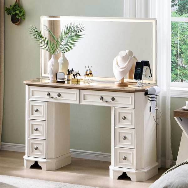 48-Inch Farmhouse Vanity Desk with Lighted Mirror and 8 Drawers